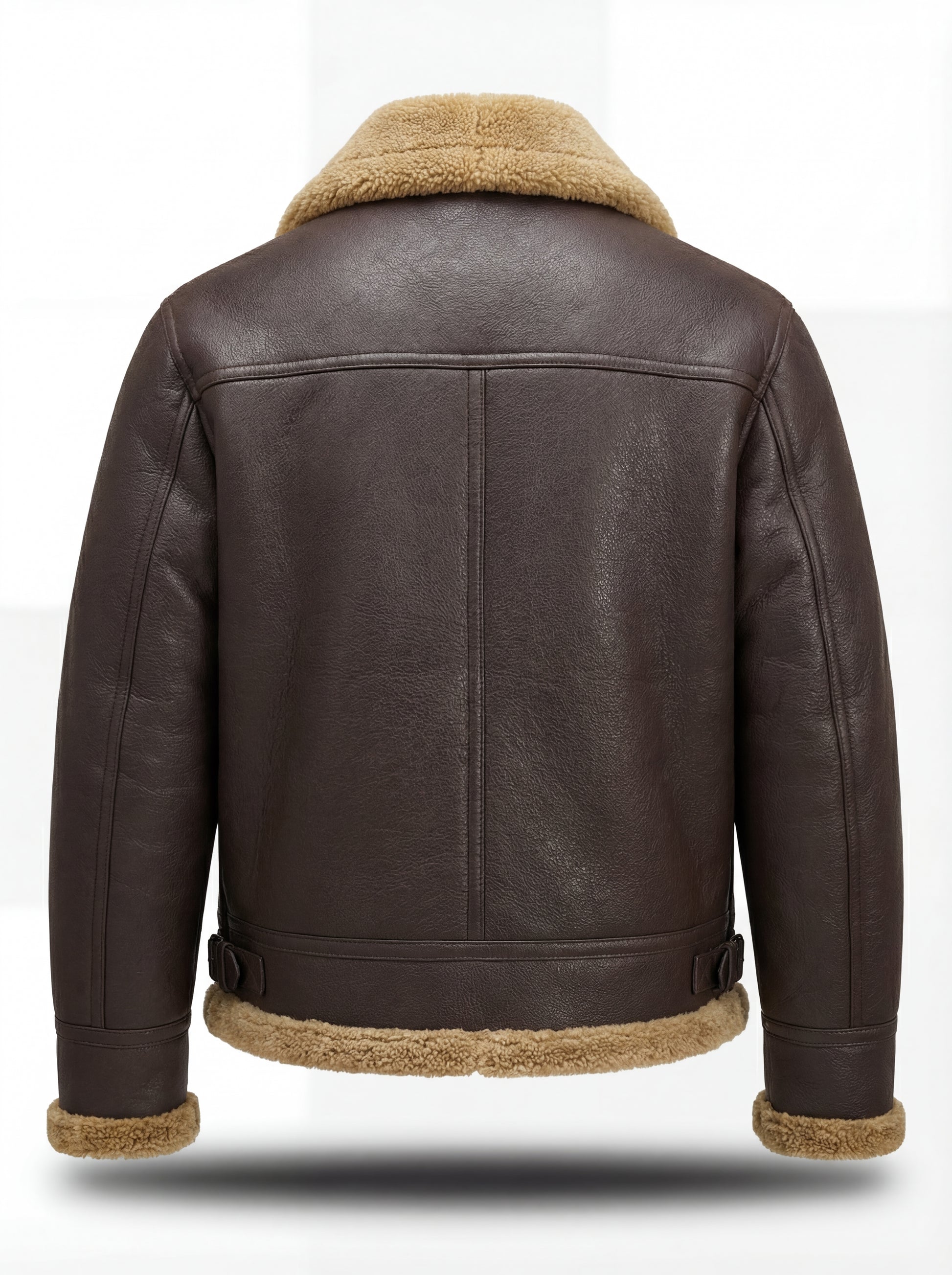 Rear view of Dark Brown Leather Shearling Aviator Jacket showing vertical center seam and shearling hem trim. The Beckett by Maverick Jacket.