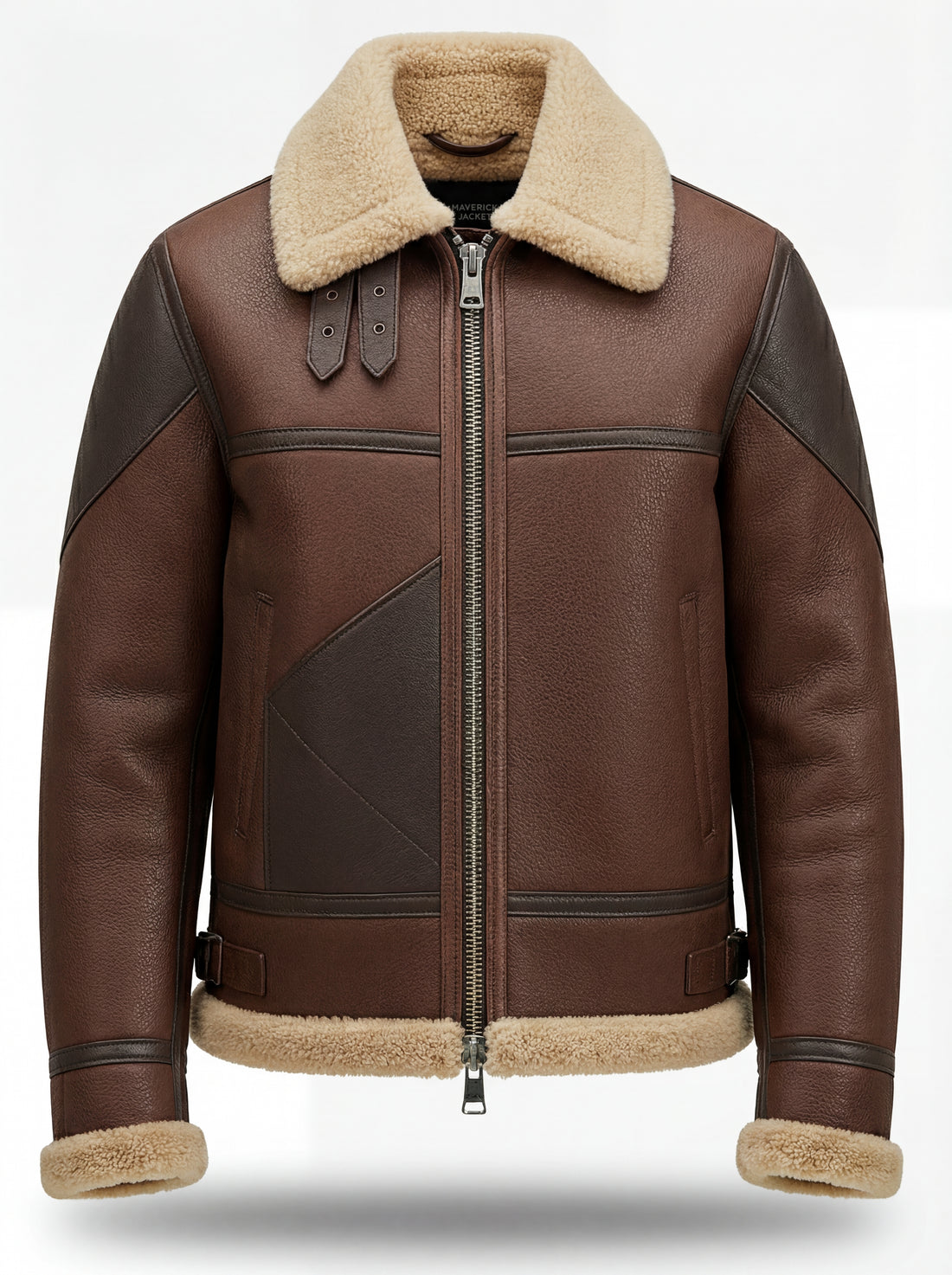 Men's Brown Leather Shearling Aviator Jacket with contrasting dark brown shoulder panels and cream fur collar, Front View. The Hayes by Maverick Jacket.