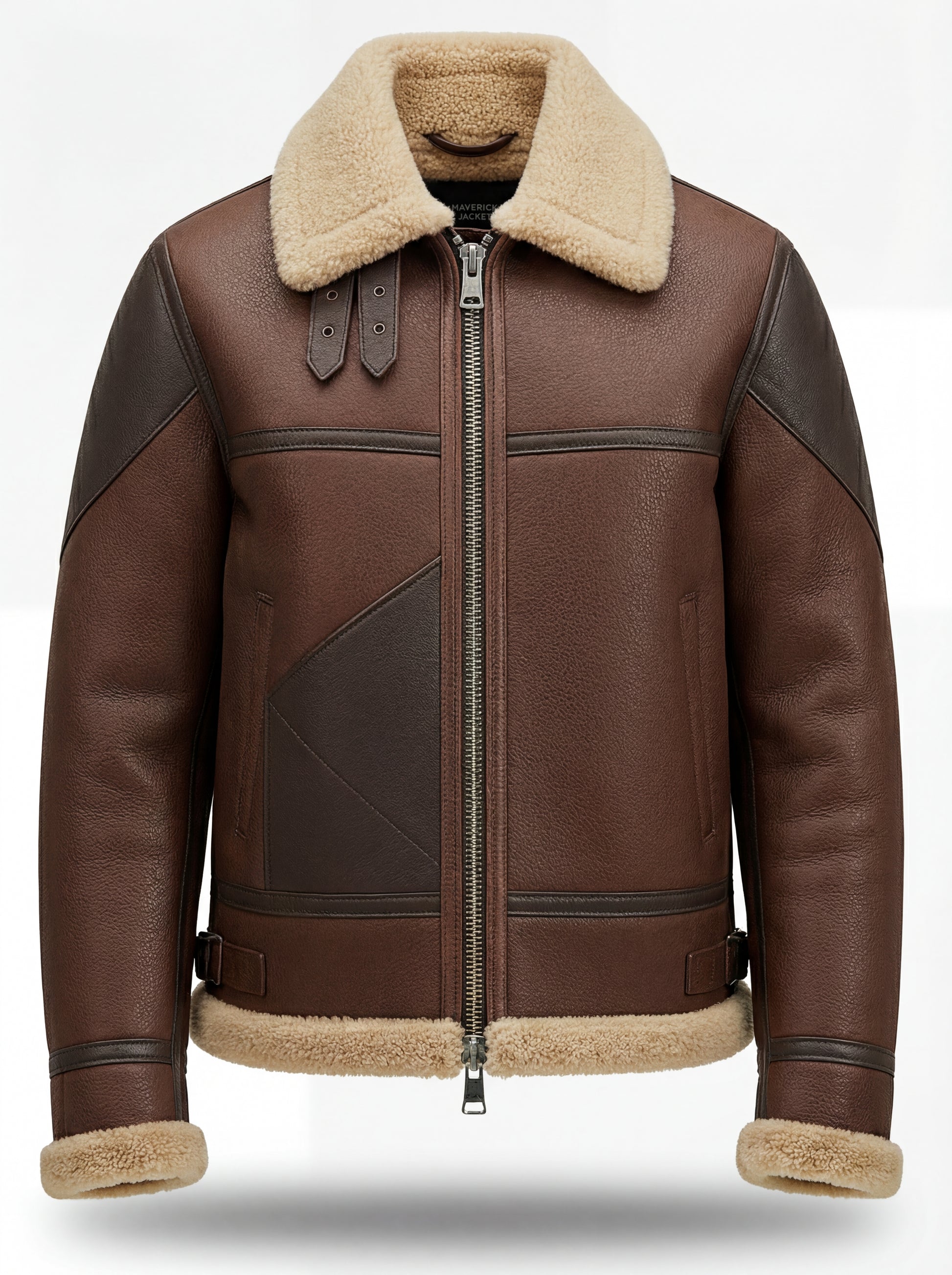 Men's Brown Leather Shearling Aviator Jacket with contrasting dark brown shoulder panels and cream fur collar, Front View. The Hayes by Maverick Jacket.