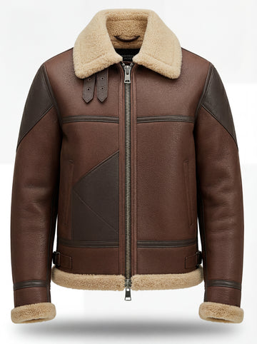 Men's Brown Leather Shearling Aviator Jacket with contrasting dark brown shoulder panels and cream fur collar, Front View. The Hayes by Maverick Jacket.