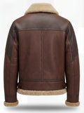Rear view of Brown Leather Shearling Aviator Jacket showing contrasting shoulder panels and shearling hem trim. The Hayes by Maverick Jacket.