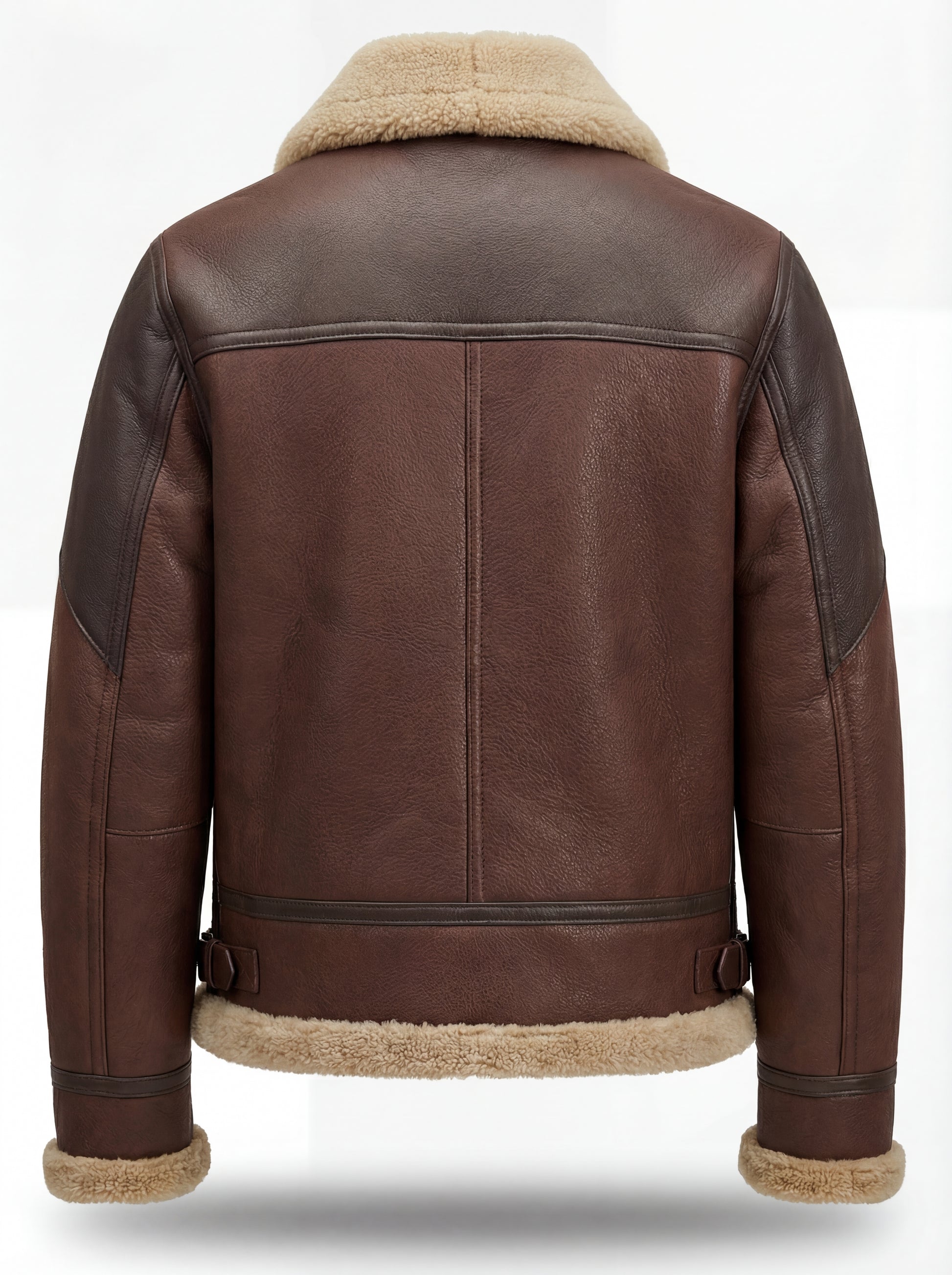 Rear view of Brown Leather Shearling Aviator Jacket showing contrasting shoulder panels and shearling hem trim. The Hayes by Maverick Jacket.