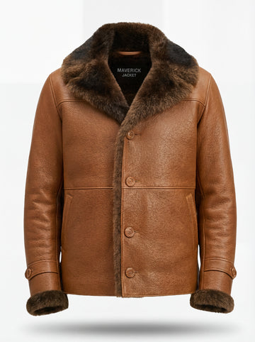 Men's Tan Leather Shearling Coat with dark brown fur lapels and adjustable cuff straps, Front View. The Alistair by Maverick Jacket.