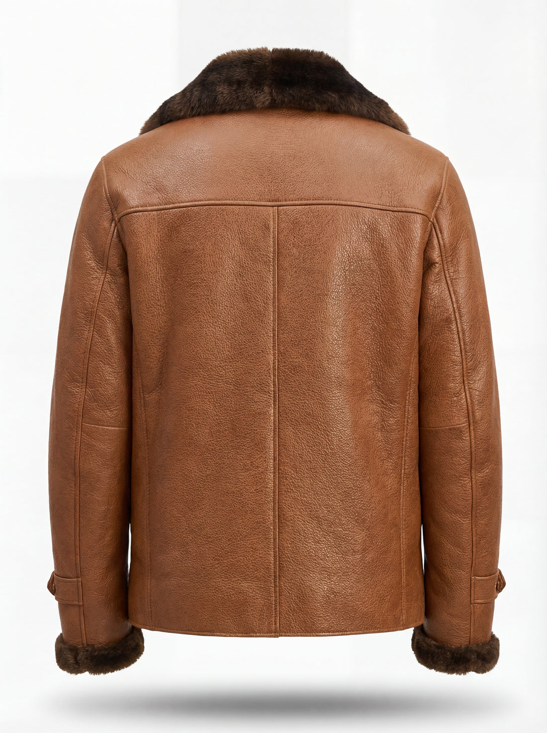 Men's Tan Leather Shearling Coat with dark brown fur lapels and adjustable cuff straps, Front View. The Alistair by Maverick Jacket.