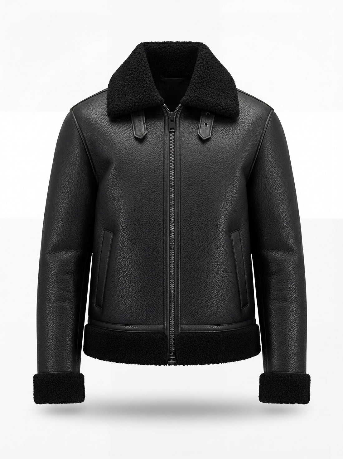 Men's Black Leather Shearling Jacket with black shearling collar and adjustable collar buckles, Front View. The Zane by Maverick Jacket.