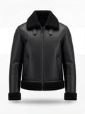 Men's Black Leather Shearling Jacket with black shearling collar and adjustable collar buckles, Front View. The Zane by Maverick Jacket.