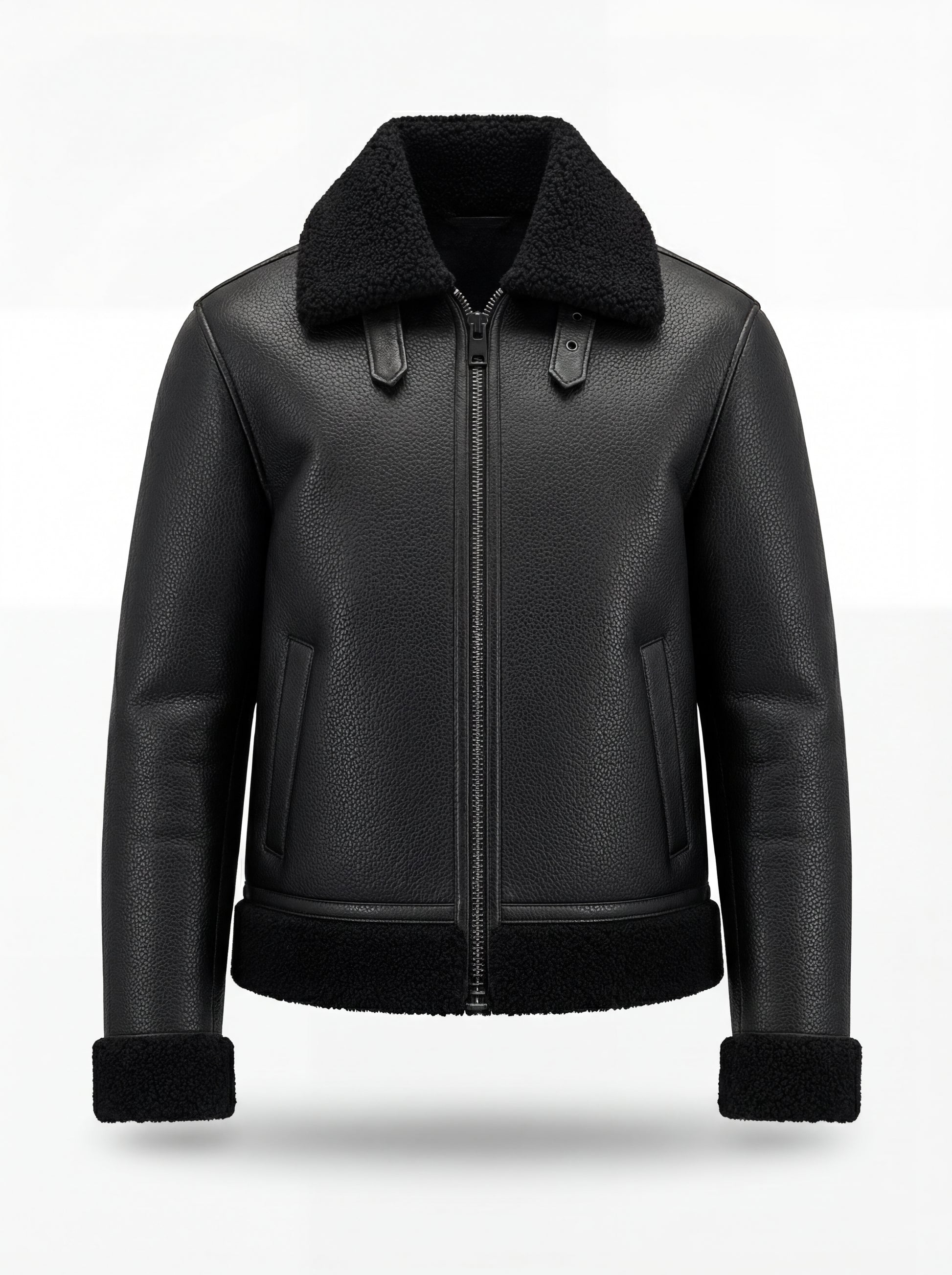 Men's Black Leather Shearling Jacket with black shearling collar and adjustable collar buckles, Front View. The Zane by Maverick Jacket.