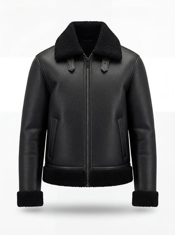 Men's Black Leather Shearling Jacket with black shearling collar and adjustable collar buckles, Front View. The Zane by Maverick Jacket.
