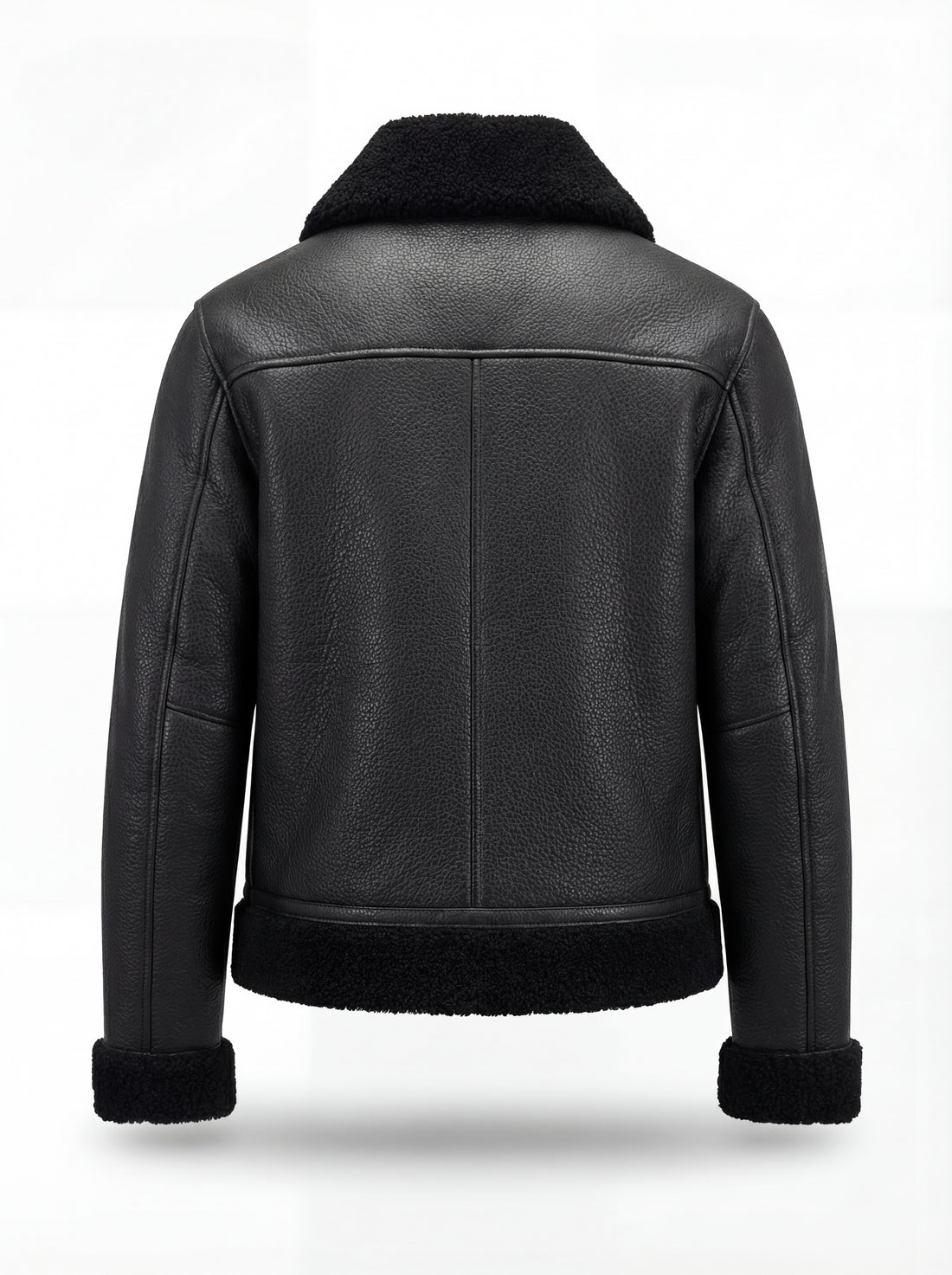 Men's Black Leather Shearling Jacket with black shearling collar and adjustable collar buckles, Front View. The Zane by Maverick Jacket.
