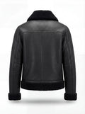 Rear view of Black Leather Shearling Jacket showing vertical center seam and shearling hem trim. The Zane by Maverick Jacket.