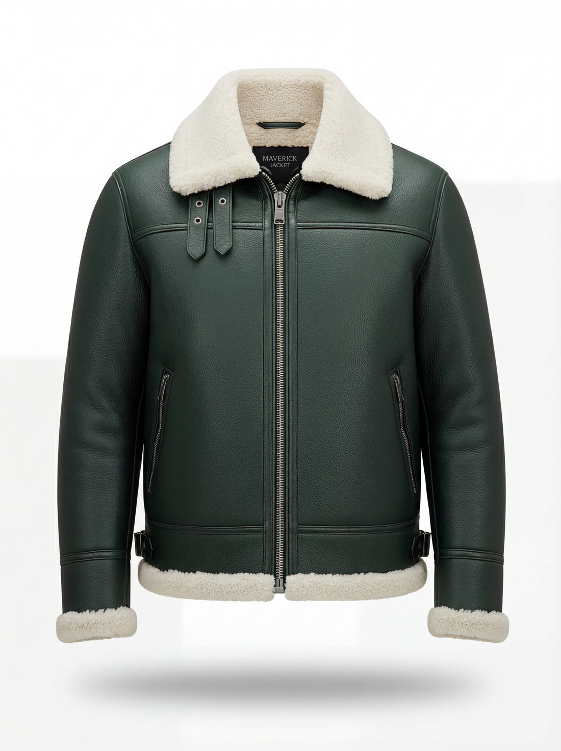 Men's Forest Green Leather Shearling Aviator Jacket with white shearling collar and zipper closure, Front View. The Lorcan by Maverick Jacket.