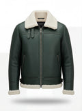 Men's Forest Green Leather Shearling Aviator Jacket with white shearling collar and zipper closure, Front View. The Lorcan by Maverick Jacket.