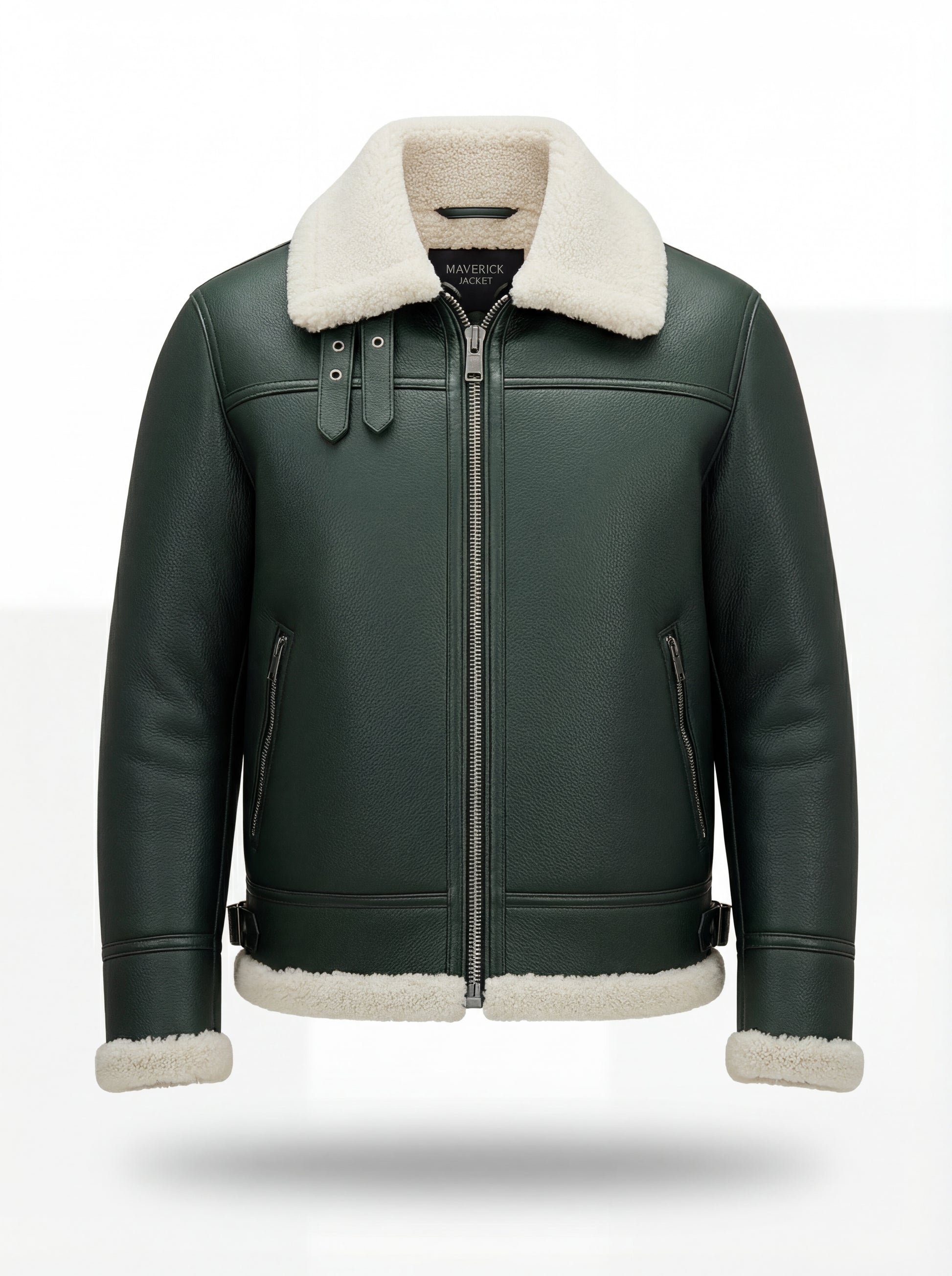 Men's Forest Green Leather Shearling Aviator Jacket with white shearling collar and zipper closure, Front View. The Lorcan by Maverick Jacket.