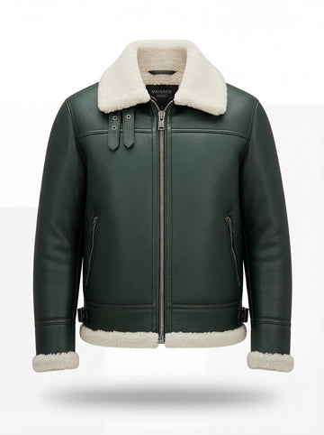 Men's Forest Green Leather Shearling Aviator Jacket with white shearling collar and zipper closure, Front View. The Lorcan by Maverick Jacket.