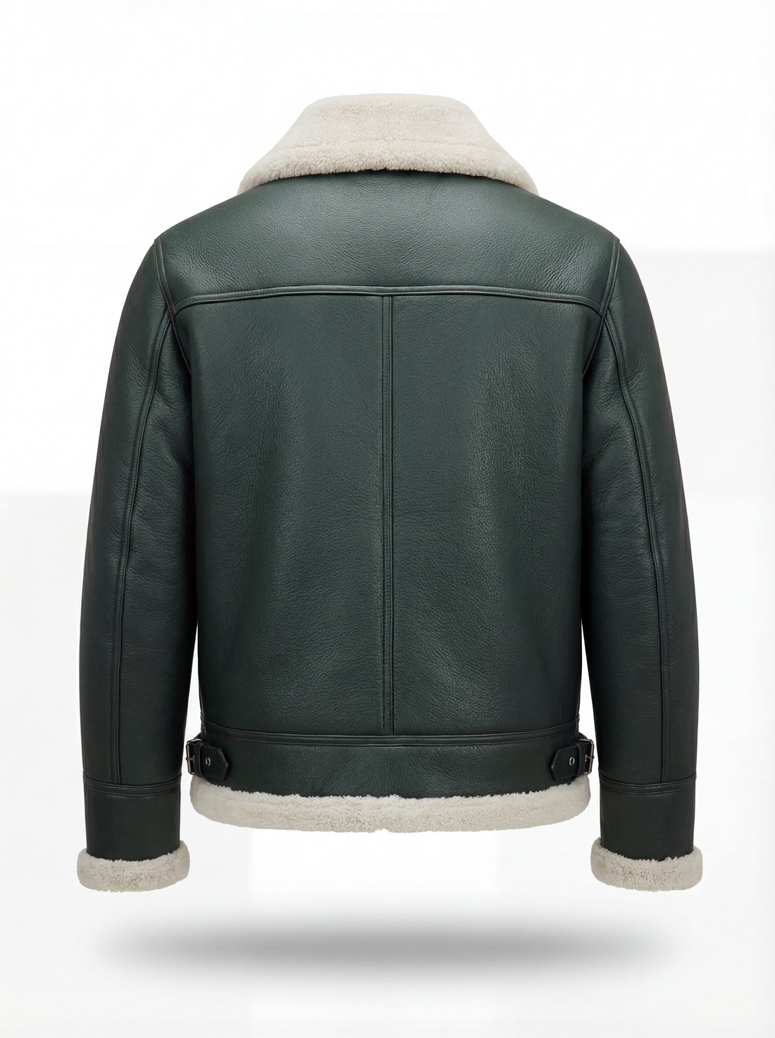 Men's Forest Green Leather Shearling Aviator Jacket with white shearling collar and zipper closure, Front View. The Lorcan by Maverick Jacket.