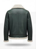 Rear view of Forest Green Leather Shearling Aviator Jacket showing vertical center seam and shearling hem trim. The Lorcan by Maverick Jacket.