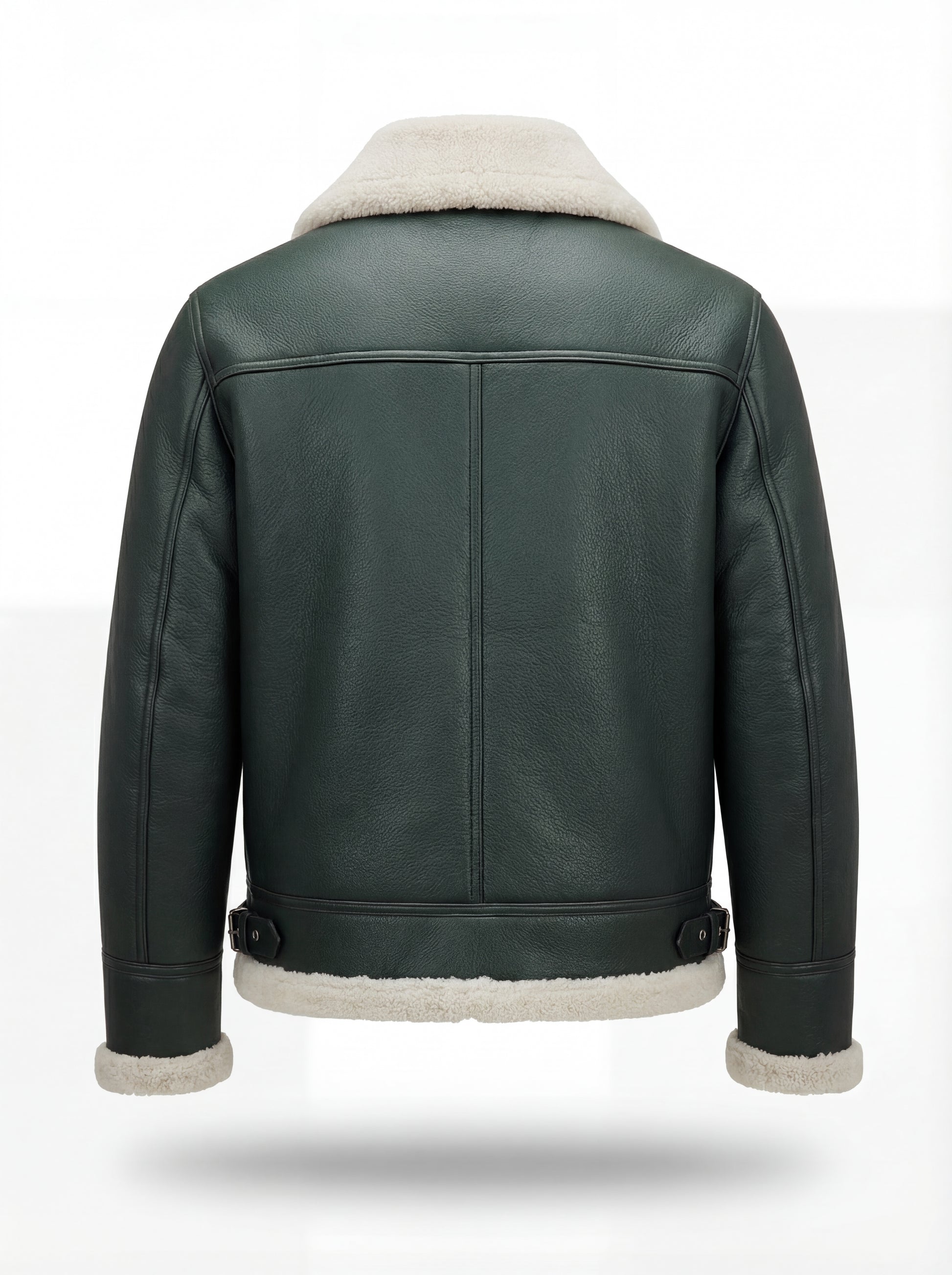 Rear view of Forest Green Leather Shearling Aviator Jacket showing vertical center seam and shearling hem trim. The Lorcan by Maverick Jacket.