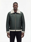 Male model wearing Maverick Lorcan shearling aviator jacket, regular fit, styled with black crewneck t-shirt and black slim-fit jeans. Maverick Jacket.