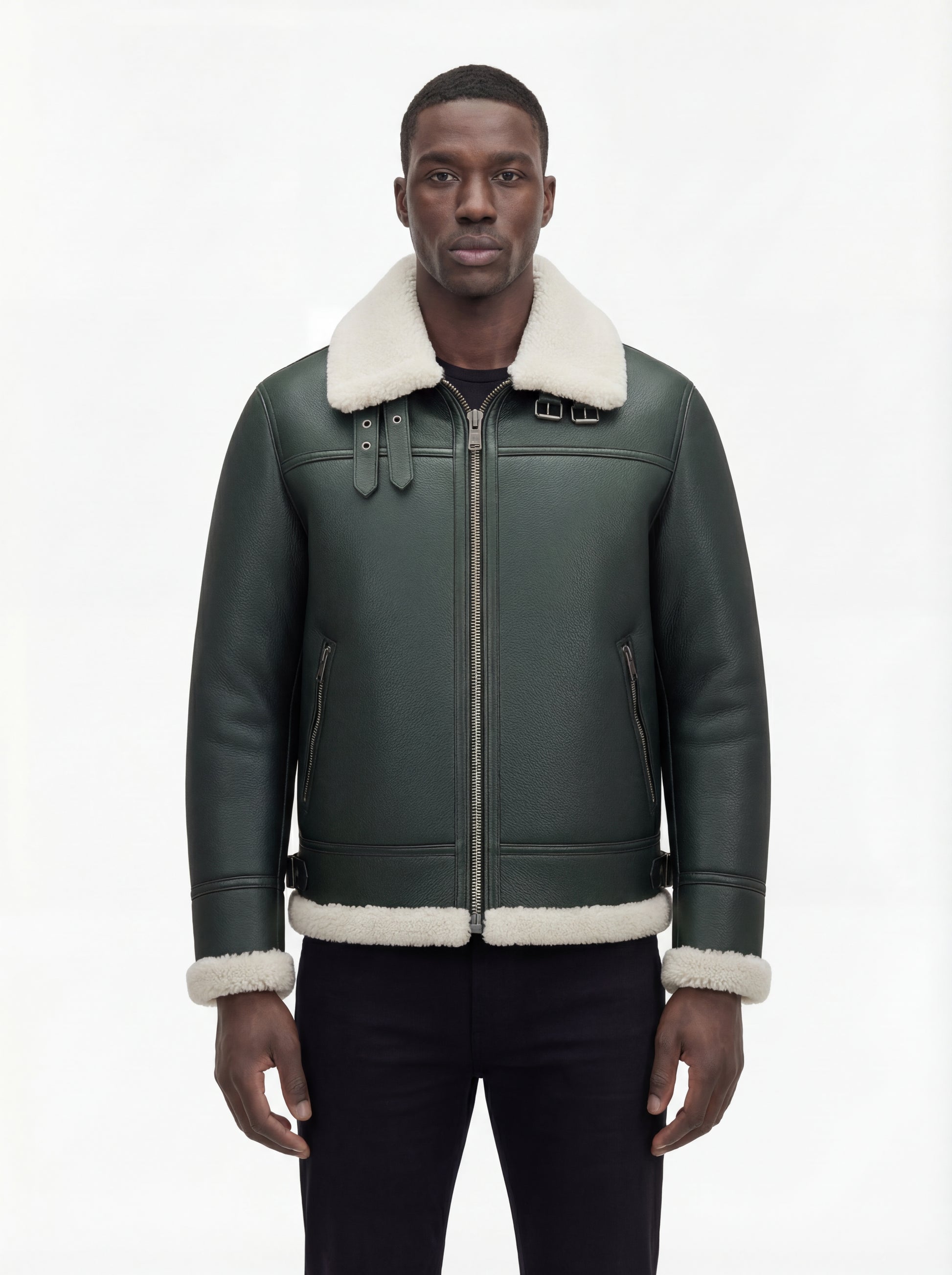 Male model wearing Maverick Lorcan shearling aviator jacket, regular fit, styled with black crewneck t-shirt and black slim-fit jeans. Maverick Jacket.