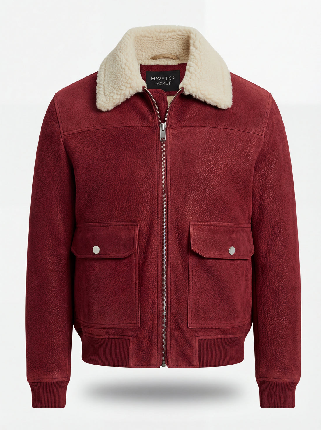 Men's Red Suede Bomber Jacket with cream shearling collar and ribbed knit hem, Front View. The Rory by Maverick Jacket.