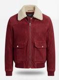 Men's Red Suede Bomber Jacket with cream shearling collar and ribbed knit hem, Front View. The Rory by Maverick Jacket.