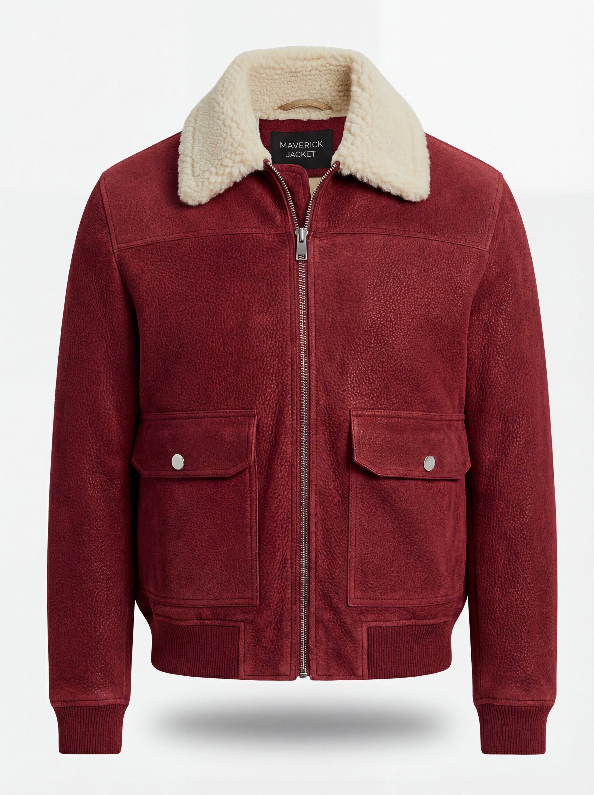 Men's Red Suede Bomber Jacket with cream shearling collar and ribbed knit hem, Front View. The Rory by Maverick Jacket.