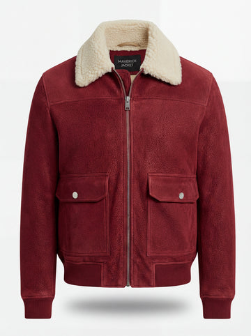 Men's Red Suede Bomber Jacket with cream shearling collar and ribbed knit hem, Front View. The Rory by Maverick Jacket.