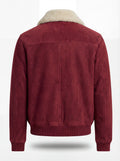 Rear view of Red Suede Bomber Jacket showing vertical center back seam and ribbed waistband. The Rory by Maverick Jacket.