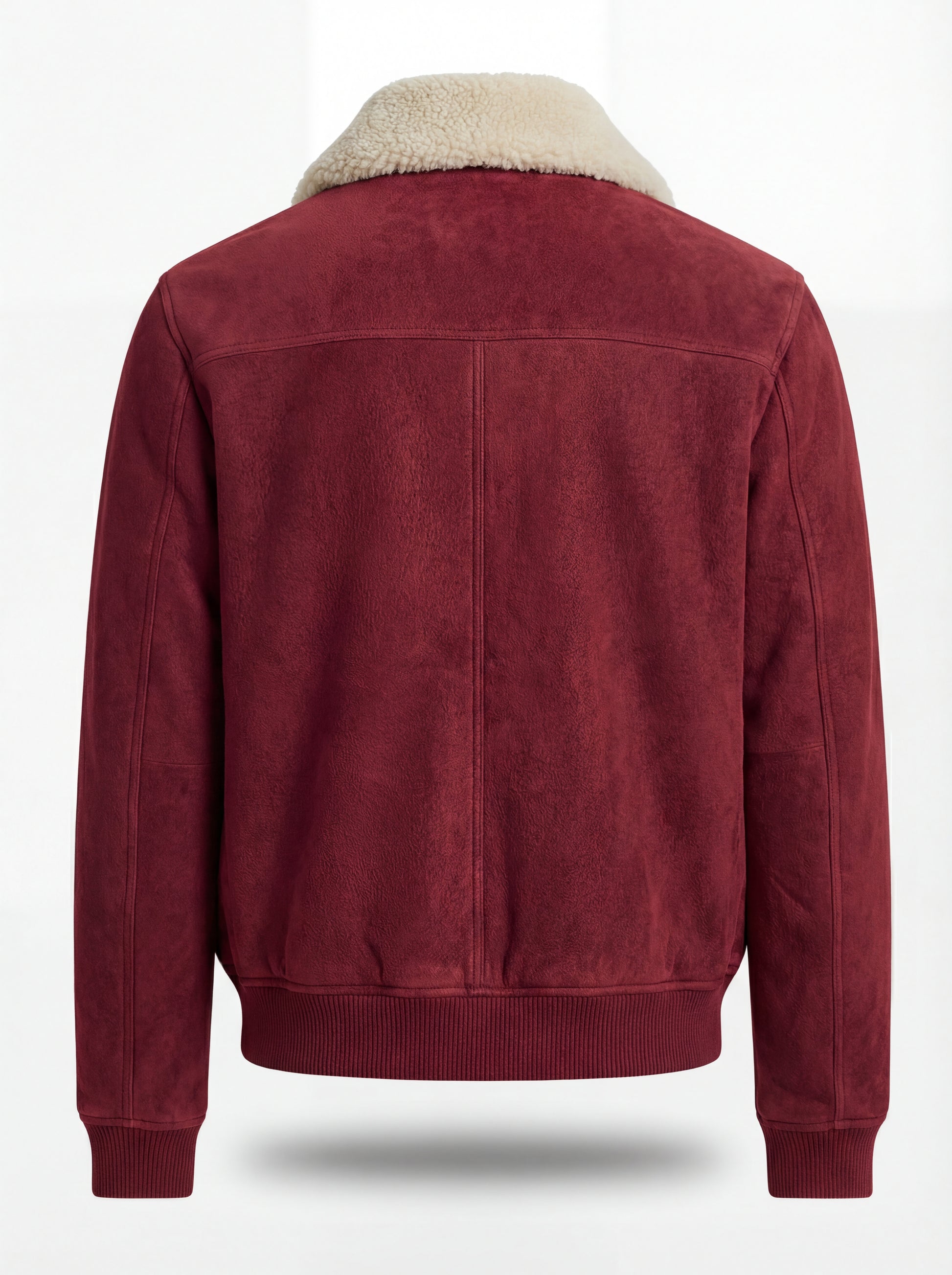 Rear view of Red Suede Bomber Jacket showing vertical center back seam and ribbed waistband. The Rory by Maverick Jacket.
