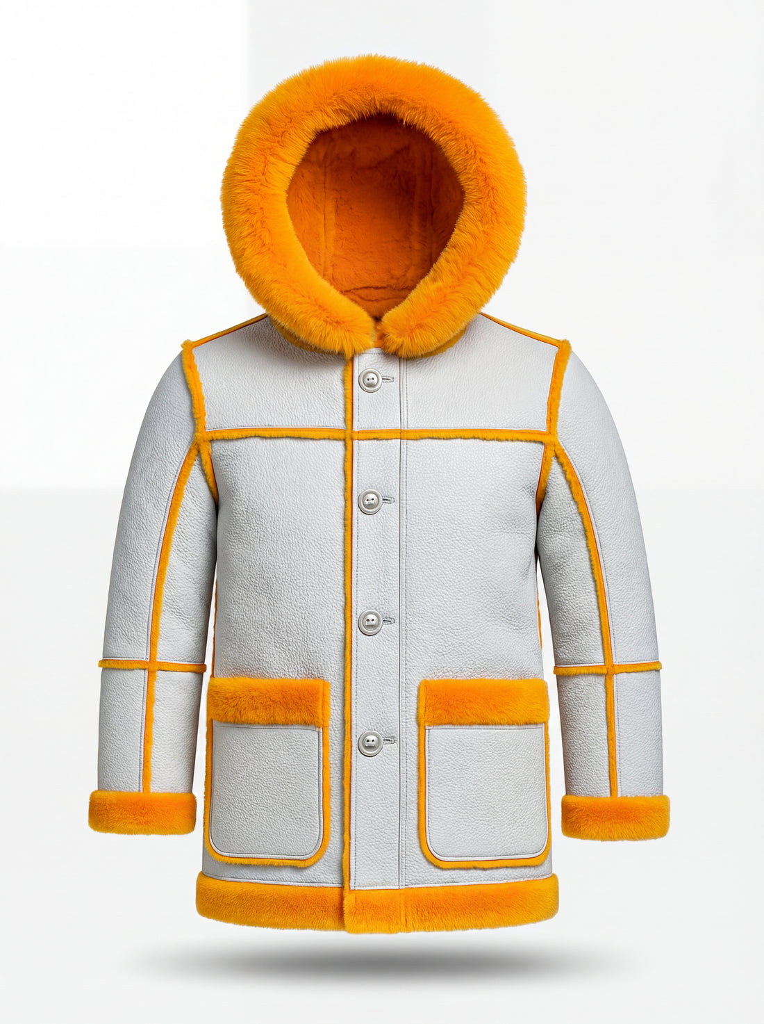 Men's White Leather Hooded Shearling Parka with vibrant orange fur trim and patch pockets, Front View. The Axel by Maverick Jacket.