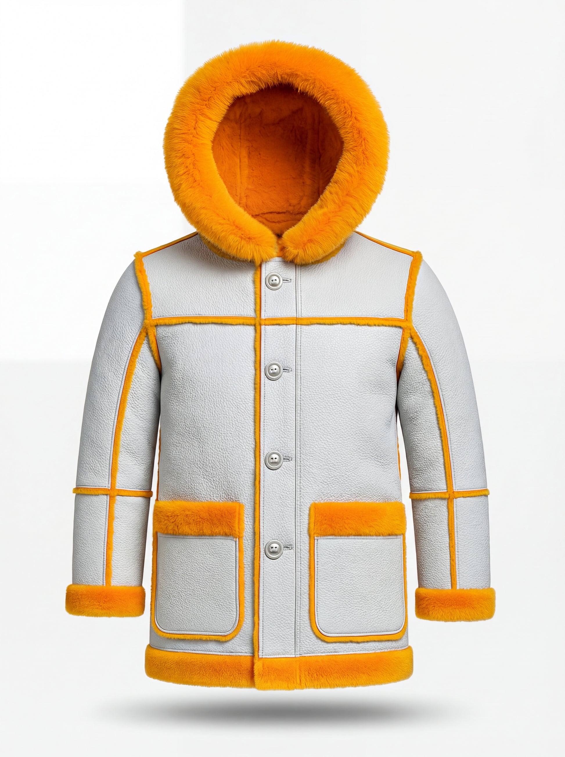 Men's White Leather Hooded Shearling Parka with vibrant orange fur trim and patch pockets, Front View. The Axel by Maverick Jacket.
