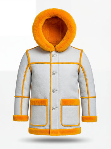 Men's White Leather Hooded Shearling Parka with vibrant orange fur trim and patch pockets, Front View. The Axel by Maverick Jacket.