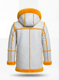 Rear view of White Leather Hooded Shearling Parka showing vertical center seam and orange shearling accents. The Axel by Maverick Jacket.
