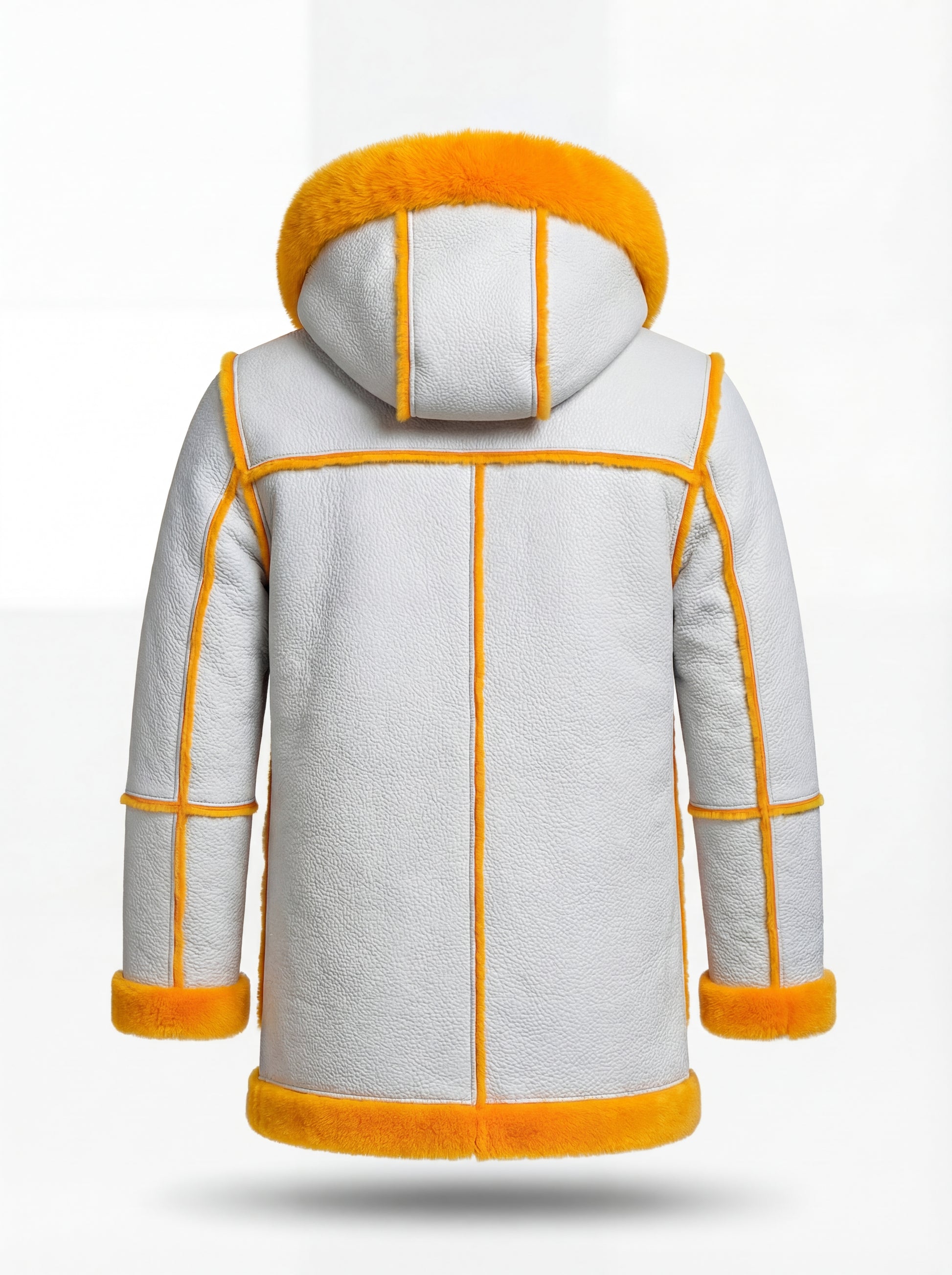 Rear view of White Leather Hooded Shearling Parka showing vertical center seam and orange shearling accents. The Axel by Maverick Jacket.