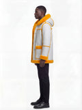 Side profile of Maverick Axel Hooded Shearling Parka showing fur cuff detail and straight mid-length silhouette. Maverick Jacket.