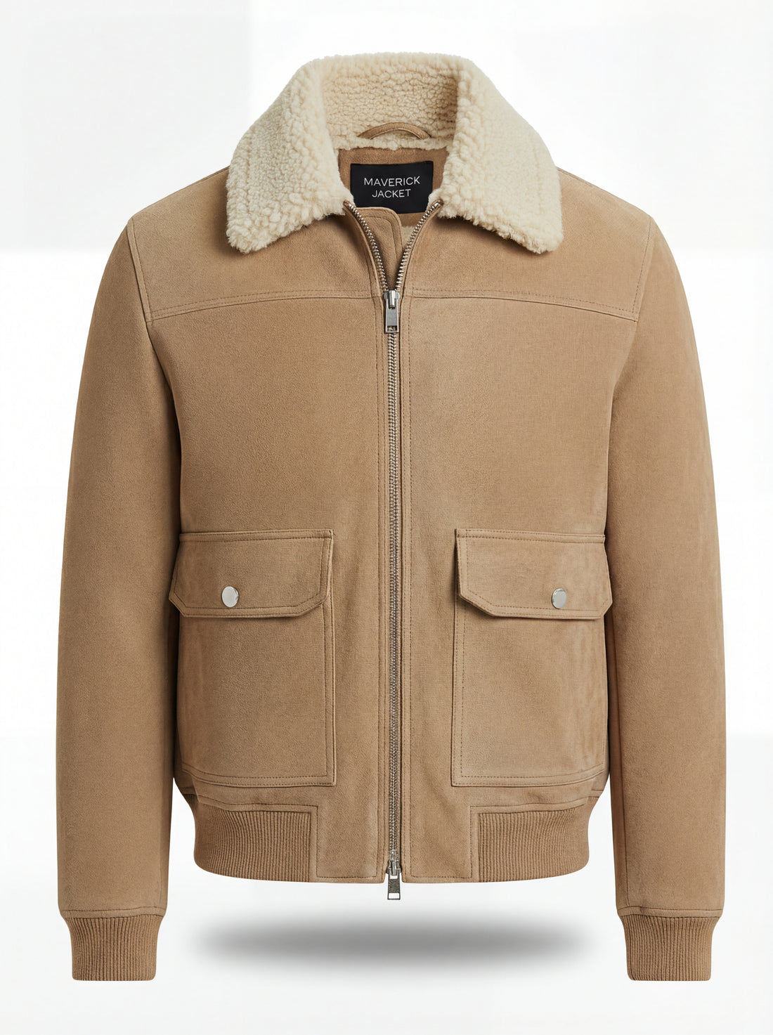 Men's Tan Suede Bomber Jacket with cream shearling collar and ribbed hem, Front View. The Finn by Maverick Jacket.