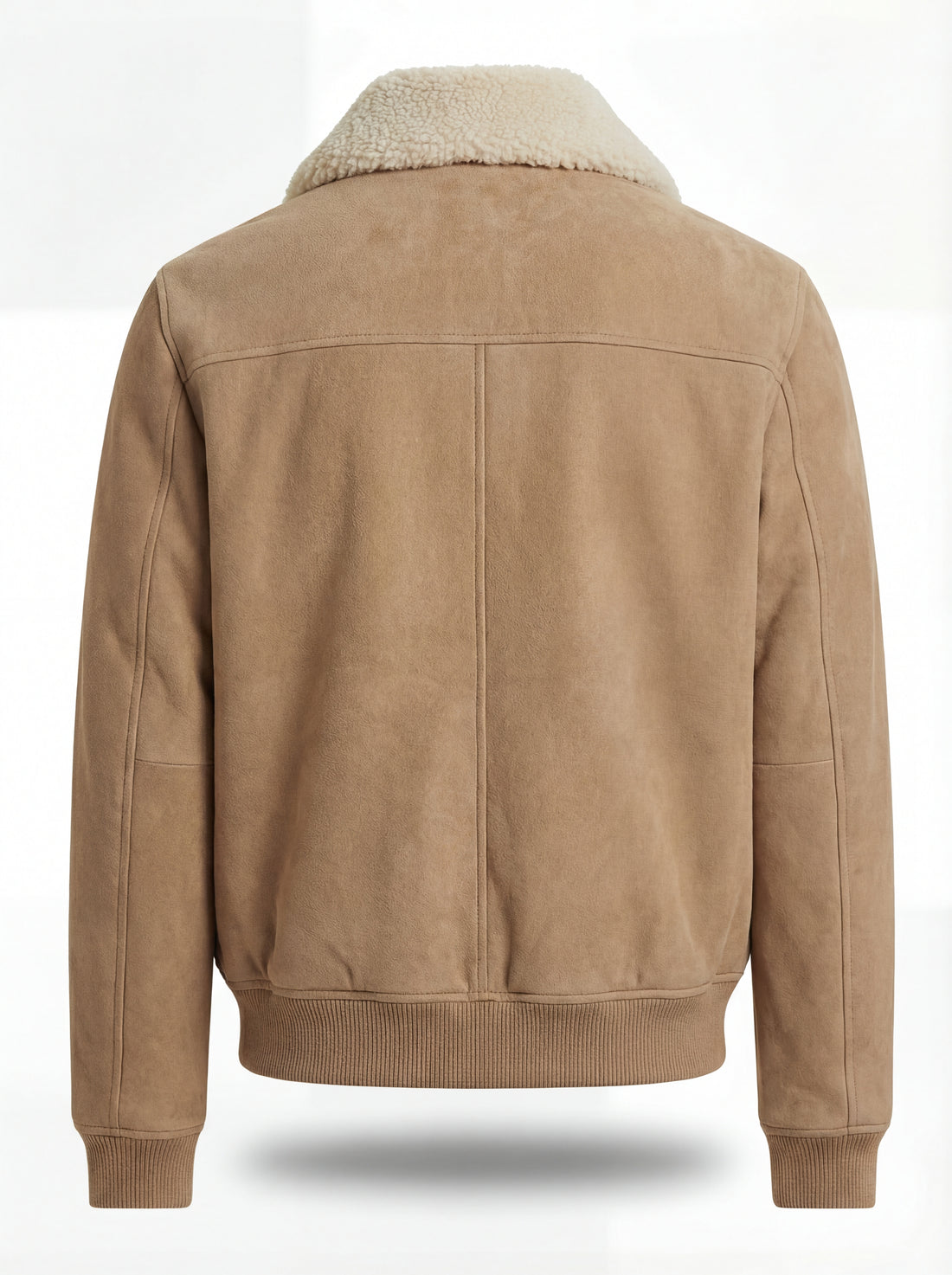 Men's Tan Suede Bomber Jacket with cream shearling collar and ribbed hem, Front View. The Finn by Maverick Jacket.