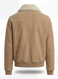 Rear view of Tan Suede Bomber Jacket showing vertical center seam and ribbed waist. The Finn by Maverick Jacket.