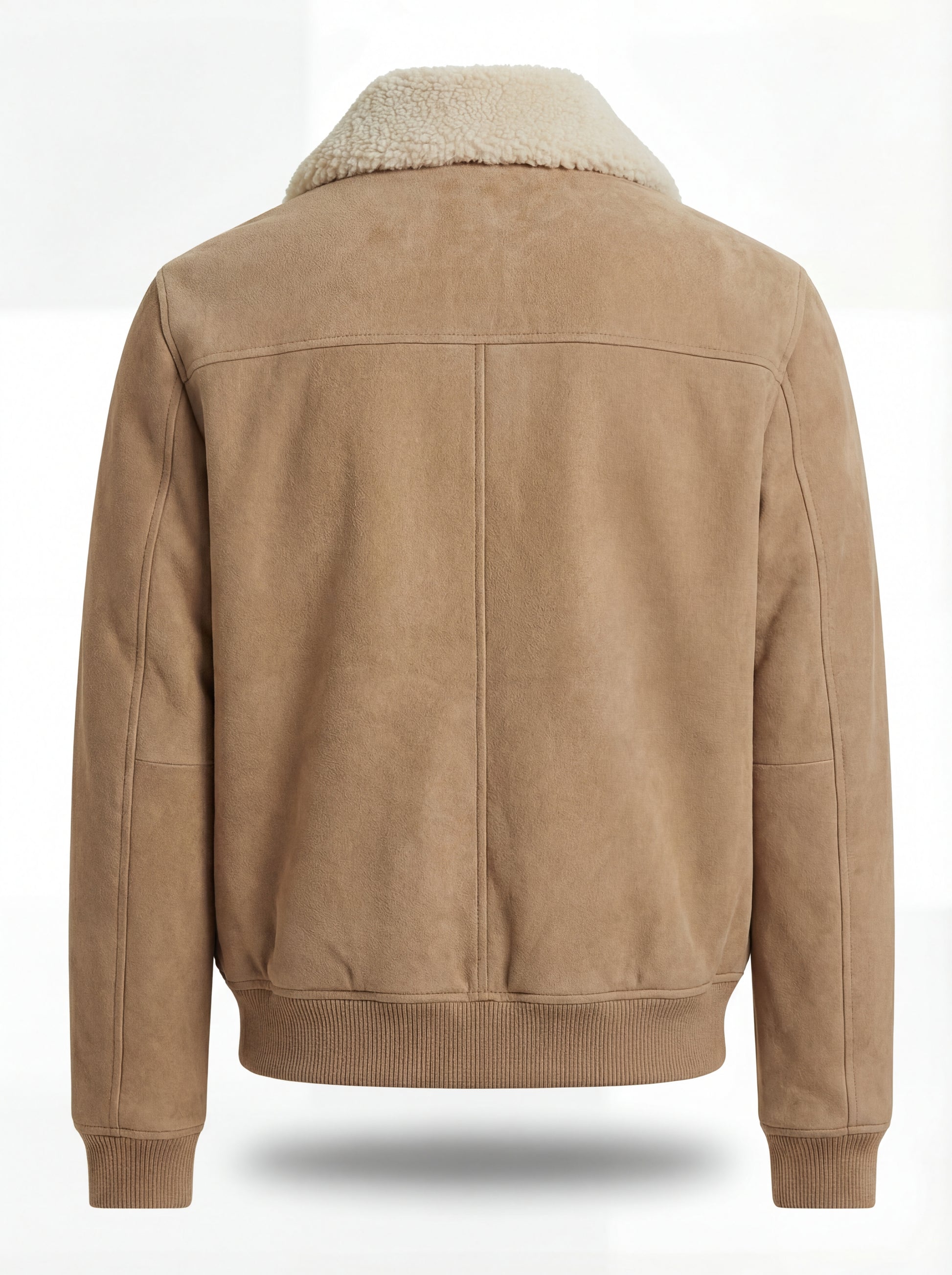Rear view of Tan Suede Bomber Jacket showing vertical center seam and ribbed waist. The Finn by Maverick Jacket.