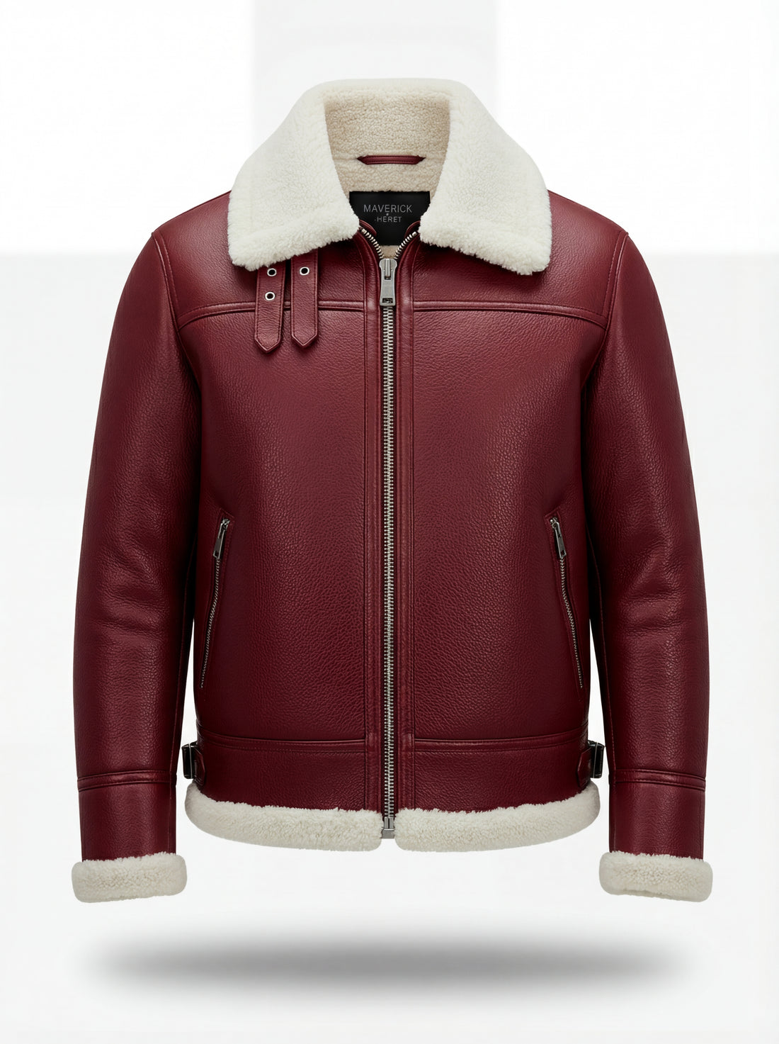 Men's Burgundy Leather Shearling Aviator Jacket with white shearling collar and hem trim, Front View. The Cormac by Maverick Jacket.