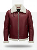 Men's Burgundy Leather Shearling Aviator Jacket with white shearling collar and hem trim, Front View. The Cormac by Maverick Jacket.