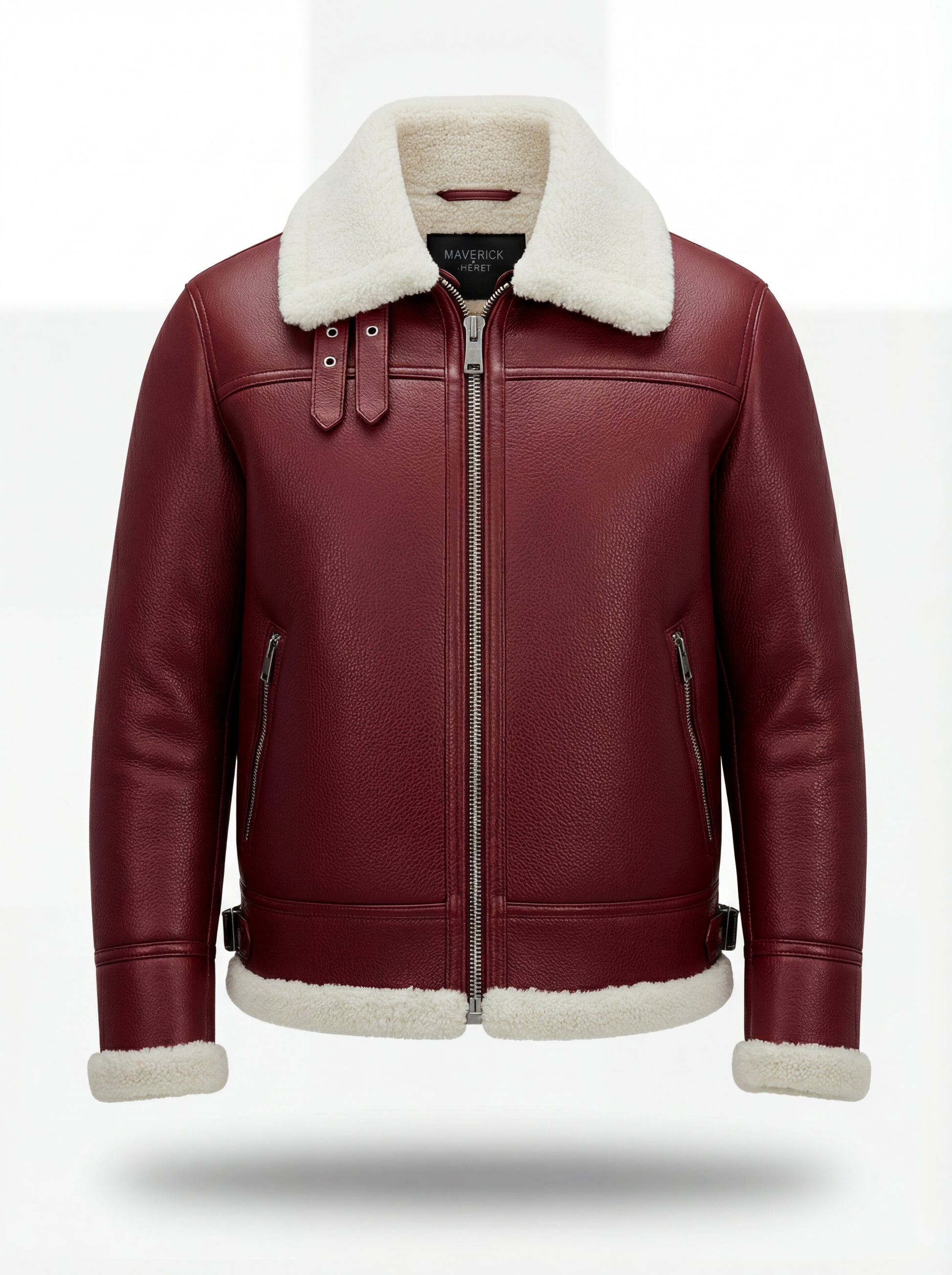 Men's Burgundy Leather Shearling Aviator Jacket with white shearling collar and hem trim, Front View. The Cormac by Maverick Jacket.