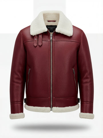 Men's Burgundy Leather Shearling Aviator Jacket with white shearling collar and hem trim, Front View. The Cormac by Maverick Jacket.