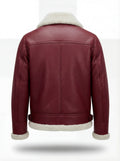 Rear view of Burgundy Leather Shearling Aviator Jacket showing vertical center seam and adjustable waist buckles. The Cormac by Maverick Jacket.