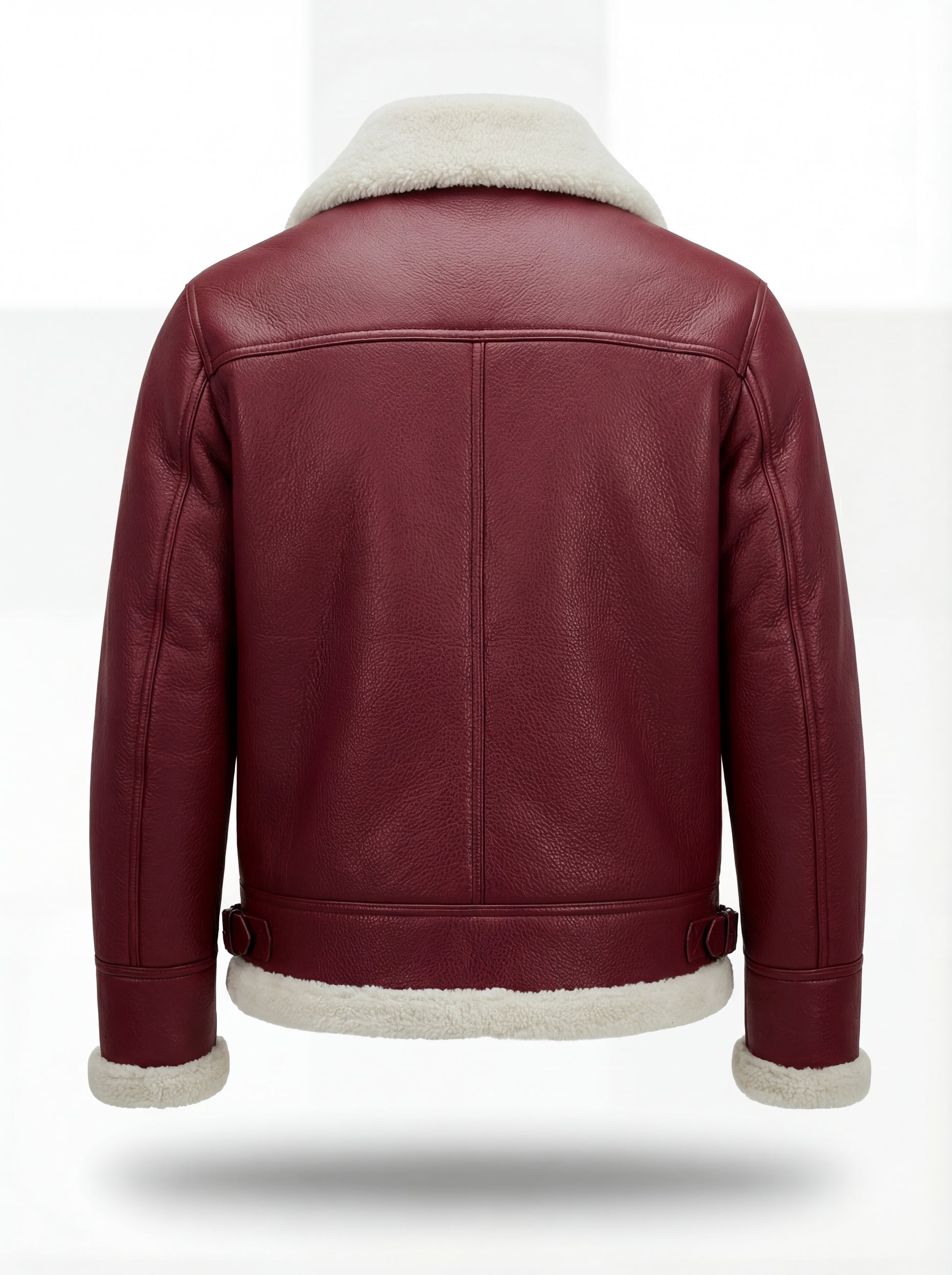 Rear view of Burgundy Leather Shearling Aviator Jacket showing vertical center seam and adjustable waist buckles. The Cormac by Maverick Jacket.