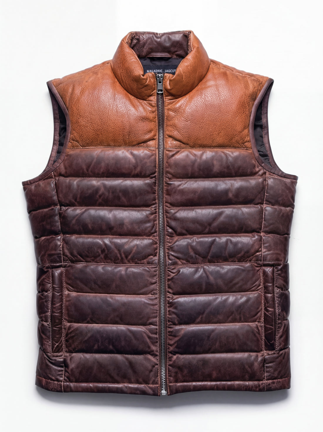 Men's black and brown two-tone leather puffer vest with horizontal baffle stitching and stand collar, Front View. The Caleb by Maverick Jacket.