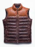 Men's black and brown two-tone leather puffer vest with horizontal baffle stitching and stand collar, Front View. The Caleb by Maverick Jacket.