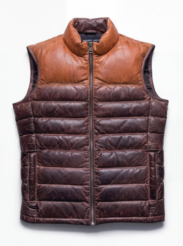 Men's black and brown two-tone leather puffer vest with horizontal baffle stitching and stand collar, Front View. The Caleb by Maverick Jacket.