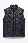 Men's black quilted leather vest with silver zipper closure and stand collar, Front View. The Graham by Maverick Jacket.