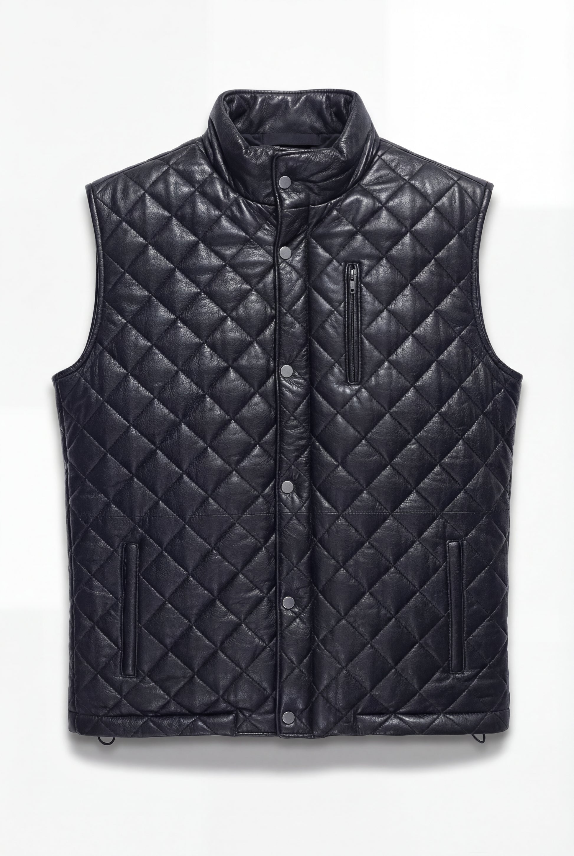 Men's black quilted leather vest with silver zipper closure and stand collar, Front View. The Graham by Maverick Jacket.